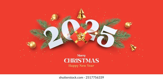 Merry Christmas and Happy New Year realistic 3d design for card, poster, banner, website header with numbers 2025, gift box, golden conical Christmas trees, balls and spruce branches on red background