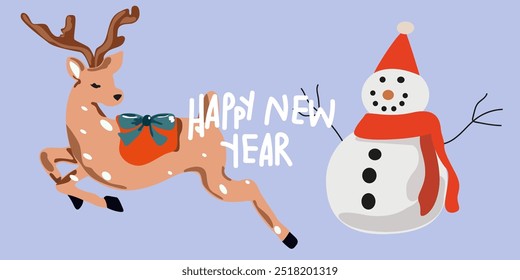 Merry Christmas and Happy New Year poster. Vector flat Snowman, deer, winter knitted socks and letter mail for Santa. Winter Holiday decoration