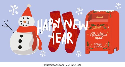 Merry Christmas and Happy New Year poster. Vector flat Snowman, deer, winter knitted socks and letter mail for Santa. Winter Holiday decoration