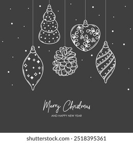 Feliz Natal e feliz ano novo modelo de banner retro, cartão de saudação. Fundo de vetor com decorações de bola de árvore de abeto de Natal. Bola, pinheiro, gelo