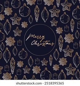 Merry Christmas and Happy New year retro banner template, greeting card. Vector background with christmas fir tree  decorations. Star, ball, icicle, snowflake