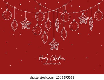 Merry Christmas and Happy New year retro banner template, greeting card. Vector background with christmas fir tree  decorations. Star, ball, icicle