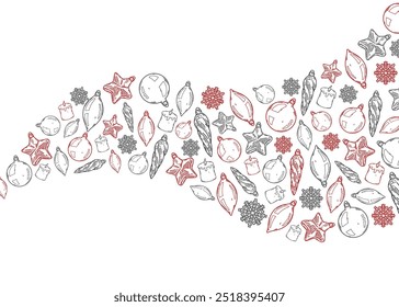 Merry Christmas and Happy New year retro banner template, greeting card. Vector background with christmas fir tree  decorations. Star, ball, icicle, snowflake