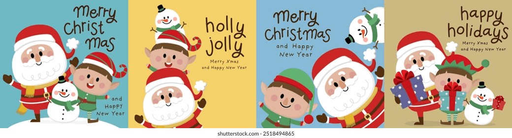 Merry Christmas and happy new year with Santa Claus, snowman and little elf. Holiday cartoon character in winter season. -Vector