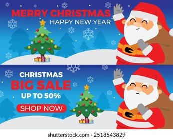 Merry Christmas and Happy New Year banner, Christmas Big Sale up to 50% banner, Santa Claus, Christmas Tree with present and snowflakes vector illustration.  