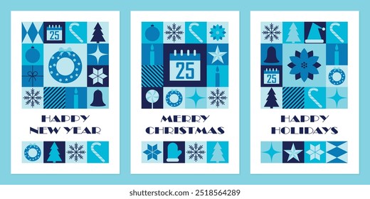 Merry Christmas and Happy New Year greeting cards. Set of modern geometric backgrounds. Abstract neo geometric pattern. Template for postcard or invitations. Vector illustration