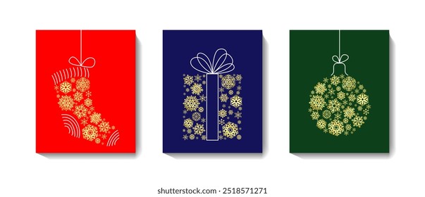 Merry Christmas and Happy New Year Set of greeting cards, posters, holiday covers. Christmas design with beautiful snowflakes in high-end art style. Vector