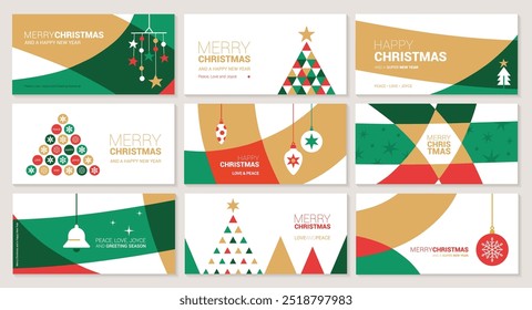 Felices Navidades y Feliz Año Nuevo Anuncios. Diseño geométrico moderno de moda de la Navidad con el bosque del paisaje del invierno en colores verdes, rojos, blancos. Cartel Horizontal, tarjeta de felicitación, cabecera para el Sitio web