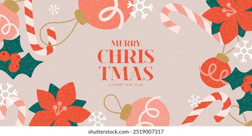 Felices Navidades y Feliz Año Nuevo Anuncio. Ilustración vectorial de moda con decoración navideña y diseño tipográfico. Diseño minimalista contemporáneo del Año Nuevo para la tarjeta, el cartel, la cubierta, los medios sociales.