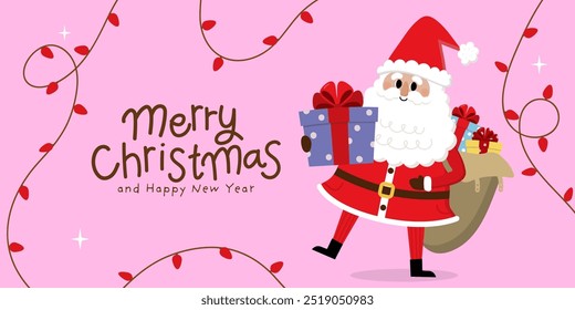 Merry Christmas and happy new year greeting card with cute Santa Claus and bulb light. Holiday cartoon characters set. -Vector