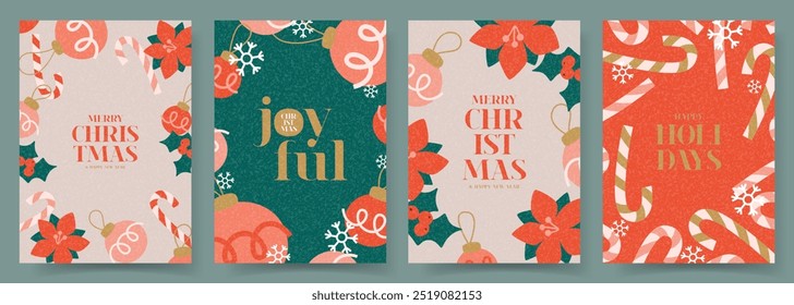 Feliz Navidad y Feliz Año Nuevo. Ilustración vectorial de moda con decoración navideña y diseño tipográfico. Flyers minimalistas contemporáneos del Año Nuevo para tarjeta, cartel, portada, redes sociales.