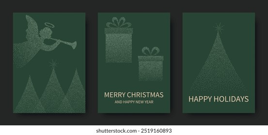 Merry Christmas and Happy New Year, luxury postcard, greeting, poster, vector holiday illustration set. Angel, Christmas tree, gifts on green background.