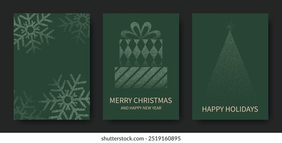 Merry Christmas and Happy New Year, luxury brochure covers, cards, greetings, poster, holiday vector illustration set. Snowflakes, Christmas tree, gifts on green background.