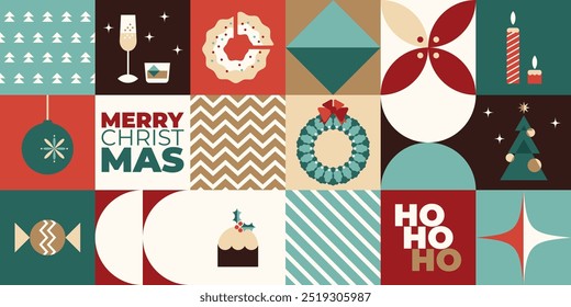 Merry Christmas and Happy New Year geometric abstract ornamental elements. Christmas symbols. Modern Christmas geometric background, banner, bauhaus style