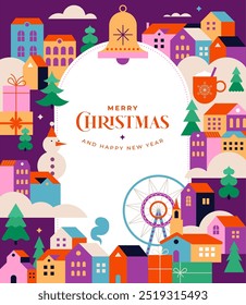 Merry Christmas and Happy New Year. Concept Christmas background with colorful geometrical style winter village. Homes, trees, decorations elements. Vector flat style Illustration