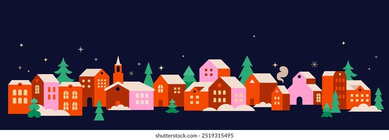 Merry Christmas and Happy New Year. Concept Christmas background with colorful geometrical style winter village. Homes, trees, decorations elements. Vector flat style Illustration