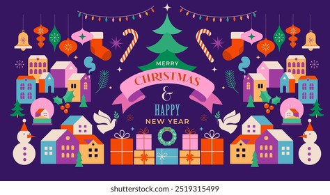 Merry Christmas and Happy New Year. Concept Christmas background with colorful geometrical style winter village. Homes, trees, decorations elements. Vector flat style Illustration