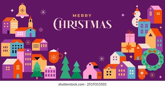 Merry Christmas and Happy New Year. Concept Christmas background with colorful geometrical style winter village. Homes, trees, decorations elements. Vector flat style Illustration