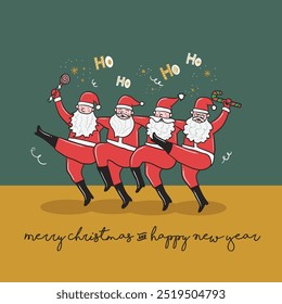 Merry Christmas and Happy New Year greeting card with Santa Clauses