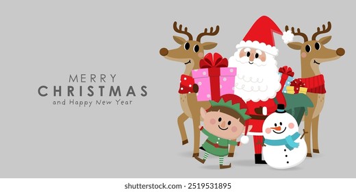 Merry Christmas and happy new year with Santa Claus, snowman, little elf and deer. Holiday cartoon character in winter season. -Vector