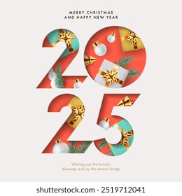 Merry Christmas and Happy New Year modern design in paper cut style with number 2025, Christmas tree, ball, golden, blue and white gifts and pine branches. Xmas card, poster, holiday cover or banner