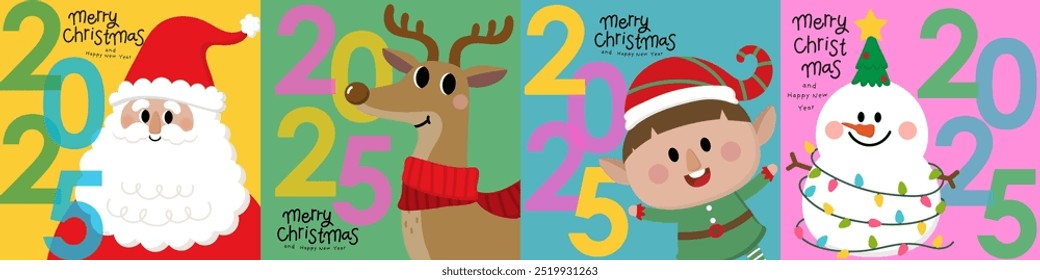 Merry Christmas and happy new year 2025 with Santa Claus, snowman, little elf and deer. Holiday cartoon character in winter season. -Vector