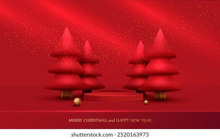 Merry Christmas and Happy New Year background with red podium, 3d trees and balls. Holiday xmas red stage scene for display sale product vector.