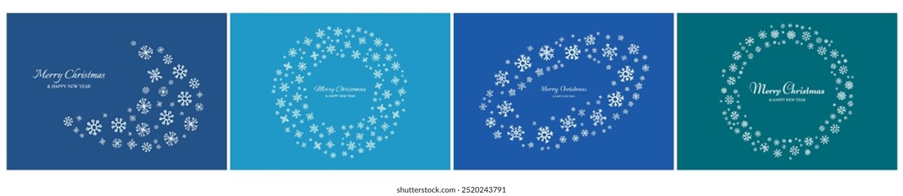 Feliz Natal e Feliz Ano Novo pano de fundo com flocos de neve brancos. Conjunto de quatro fundos de feriados para cartões de Natal no fundo azul. Ilustração vetorial