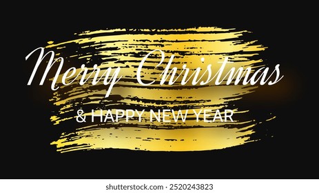 Merry Christmas and Happy New Year white incription with shadow on gold smear. Abstract backdrop for Christmas holiday greeting card, flyers or posters. Vector illustration