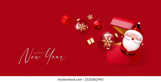 Merry Christmas and Happy New Year celebration with 3D Santa Claus character, red gift box and glossy glass balls with snowflakes.