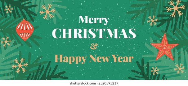 Merry Christmas and Happy New Year greeting card, web banner. Modern beautiful winter design with fir tree branches, balls and snowflakes. Vector.