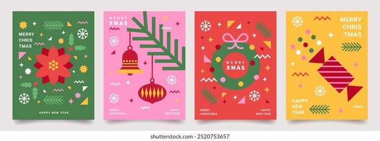 Merry Christmas and Happy New Year abstract geometric cards design. Modern Xmas design with typography, geometric patterns and elements. Vector templates for banner, poster, holiday cover.