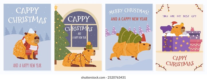 Feliz Natal e feliz cartões de cumprimentos de Ano Novo com conjunto de vetor capybara engraçado.