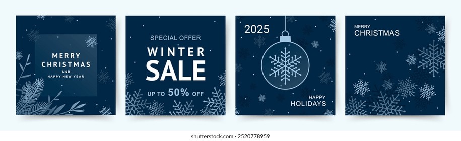 Merry Christmas and Happy New Year Set of greeting card, poster, holiday cover. Christmas sale, social media post with snowflakes in blue color. Winter illustration for ads, print, season banner 