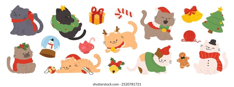 Merry christmas and happy new year concept background vector. Collection drawing of cute cats with decorative scarf, ribbon, hat. Design suitable for banner, marketing, shop, sticker, kids.