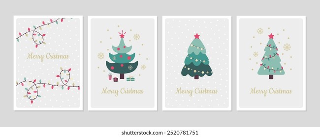 Merry Christmas and Happy New Year  set of backgrounds, greeting cards, posters, holiday covers. Christmas templates with Christmas tree, snowflakes, garland in flat design.
