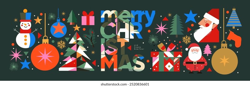 Merry Christmas and Happy New Year! 2025. Vector modern geometric abstract illustration of Santa Claus, christmas tree, fir tree toys and balls, snowman, gift for greeting card, for congratulation