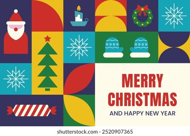 Merry Christmas and happy new year design. Trendy modern template with New Year elements in in geometric, bauhaus style. Horizontal poster, festive banner, greeting card.