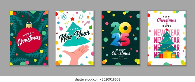 Merry Christmas and Happy New Year 2025 creative posters and greeting cards set. Modern greeting cards vector design with Xmas ball, typography, Christmas tree, colorful gifts, and confetti