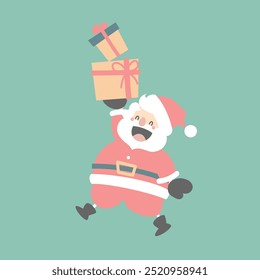 merry christmas and happy new year with cute santa claus and present gift box, flat vector illustration cartoon character costume design