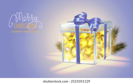 Felices Navidades y Feliz Año Nuevo. Fondo con caja de regalos festivos transparentes realistas llenos de estrellas brillantes. Regalo de Navidad. Anuncio sorpresa del regalo de Festiva, cartel del Web, volante, folleto elegante, verde