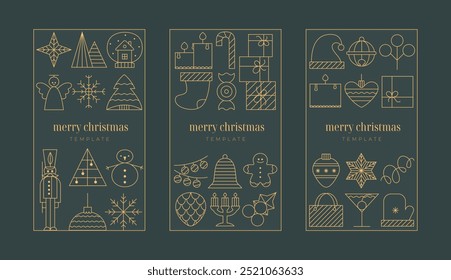 Merry Christmas and Happy New Year greeting card, banner, poster, box, holiday cover set. Cute simple Christmas vector templates.