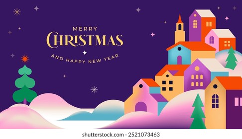 Merry Christmas and Happy New Year. Concept Christmas background with colorful geometrical style winter village. Homes, trees, decorations elements. Vector flat style Illustration