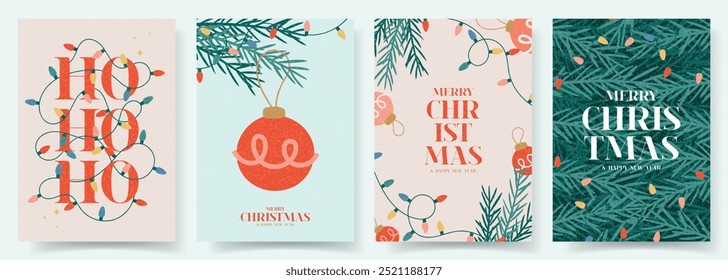 Feliz Natal e Feliz Ano Novo panfletos. Ilustração vetorial na moda com decoração de Natal e design tipográfico. Panfletos de Ano Novo minimalistas contemporâneos para cartão, cartaz, capa, mídias sociais.