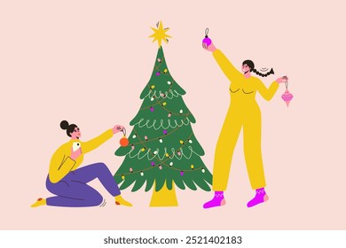 Merry Christmas and happy new year greeting card with happy women decorated Christmas tree together. Friends are celebrating Christmas. Cartoon vector illustration. 