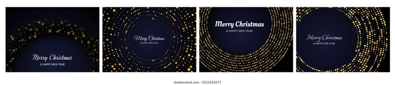 Merry Christmas and Happy New Year backdrops with gold glitter pattern in circle form. Set of three abstract gold glowing halftone dotted backgrounds for Christmas holiday greeting card on dark