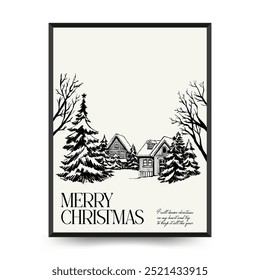 Merry Christmas and Happy New Year vertical flyer or poster template. Modern trendy Matisse minimal style. Hand drawn design for wallpaper, wall decor, print, postcard, cover, template, banner.