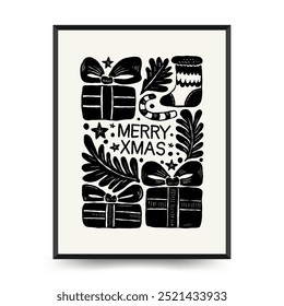 Merry Christmas and Happy New Year vertical flyer or poster template. Modern trendy Matisse minimal style. Hand drawn design for wallpaper, wall decor, print, postcard, cover, template, banner.