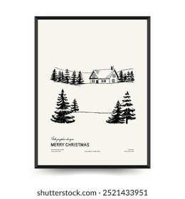 Merry Christmas and Happy New Year vertical flyer or poster template. Modern trendy Matisse minimal style. Hand drawn design for wallpaper, wall decor, print, postcard, cover, template, banner.