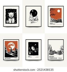 Merry Christmas and Happy New Year vertical flyer or poster template. Modern trendy Matisse minimal style. Hand drawn design for wallpaper, wall decor, print, postcard, cover, template, banner.